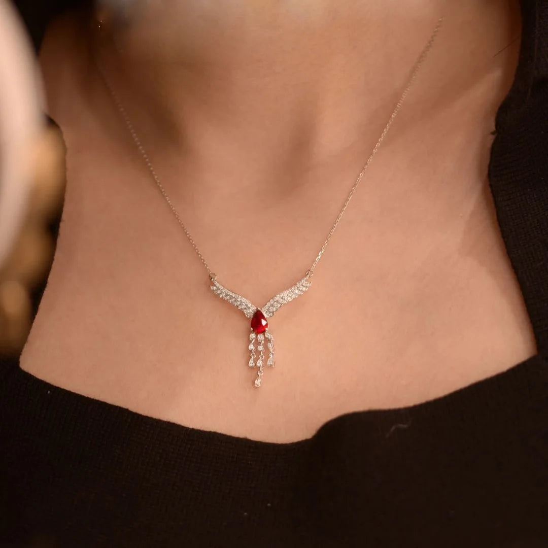 Luxurious Red Gemstone Necklace | 925 Silver Diamond Inlaid Wings Chain