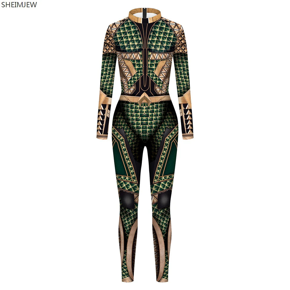 Green and black patterned jumpsuit on a white background
