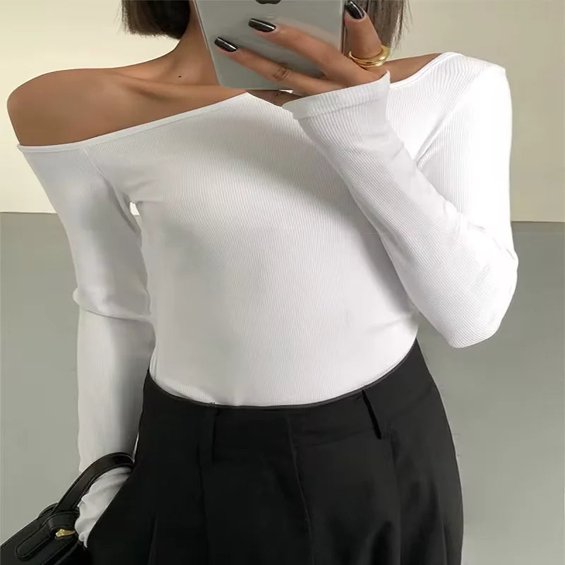 Women’s Skew Collar Off-Shoulder Long Sleeve Crop Top