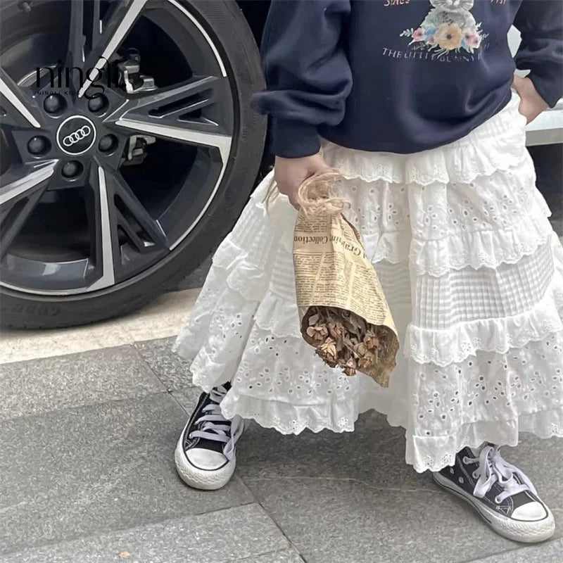 Girls’ Lace Layered Skirt Dress | Spring Toddler White Long Dress 2-8Y