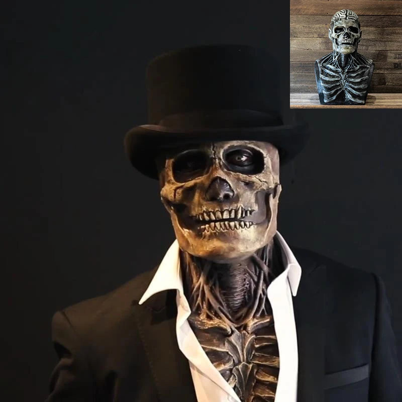 Skull mask with top hat and suit jacket on a dark background