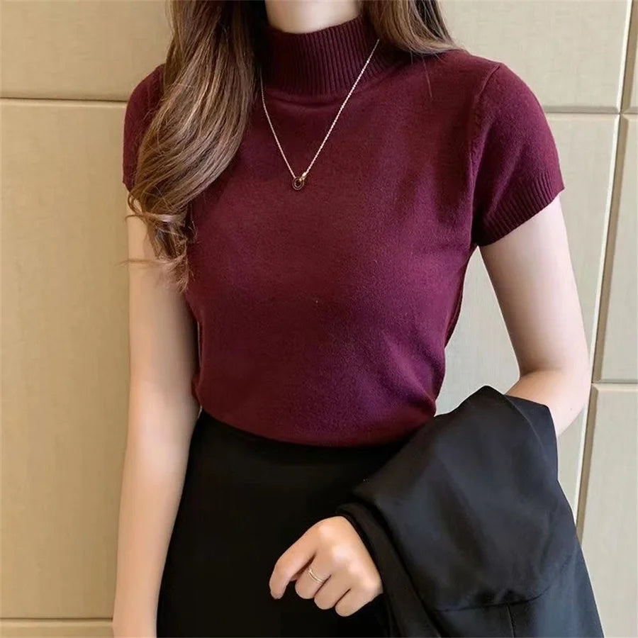 Women’s Short Sleeve Turtleneck Knitted Blouse