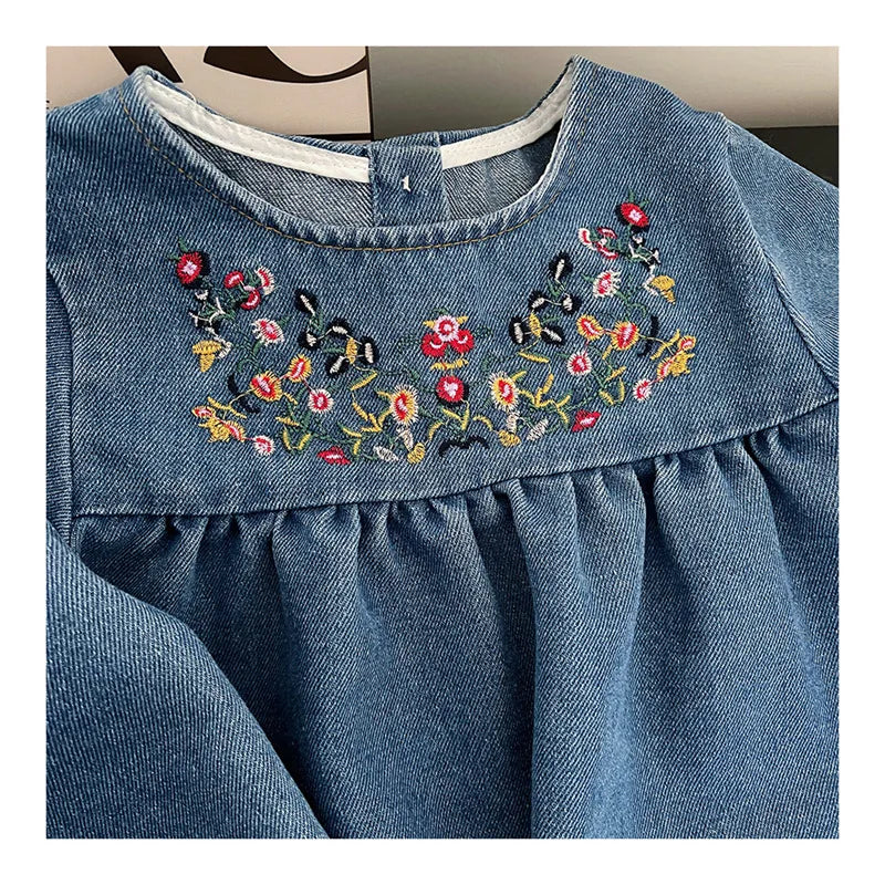 Girls’ Spring & Autumn Denim Dress | Floral Embroidered Long Sleeve