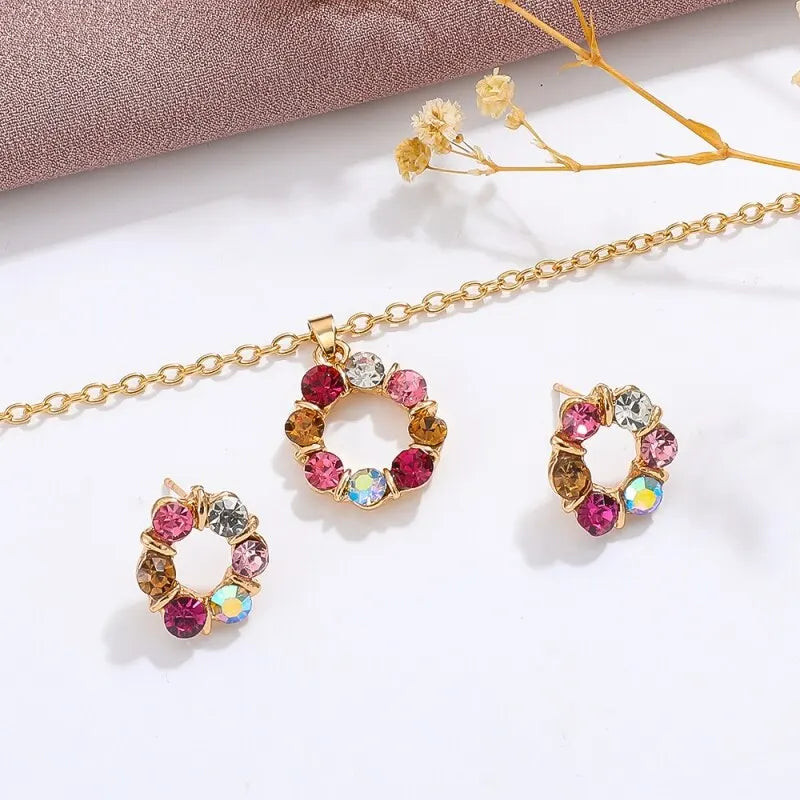 3pcs Gold Necklace & Earrings Set | Celebrity Style Diamond Circle