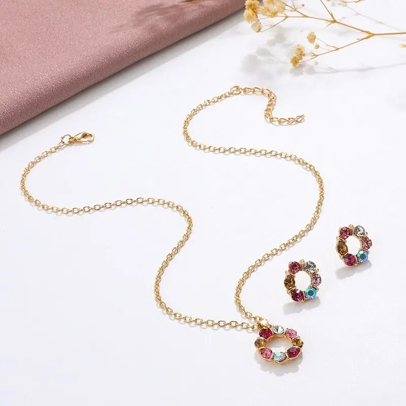 3pcs Gold Necklace & Earrings Set | Celebrity Style Diamond Circle