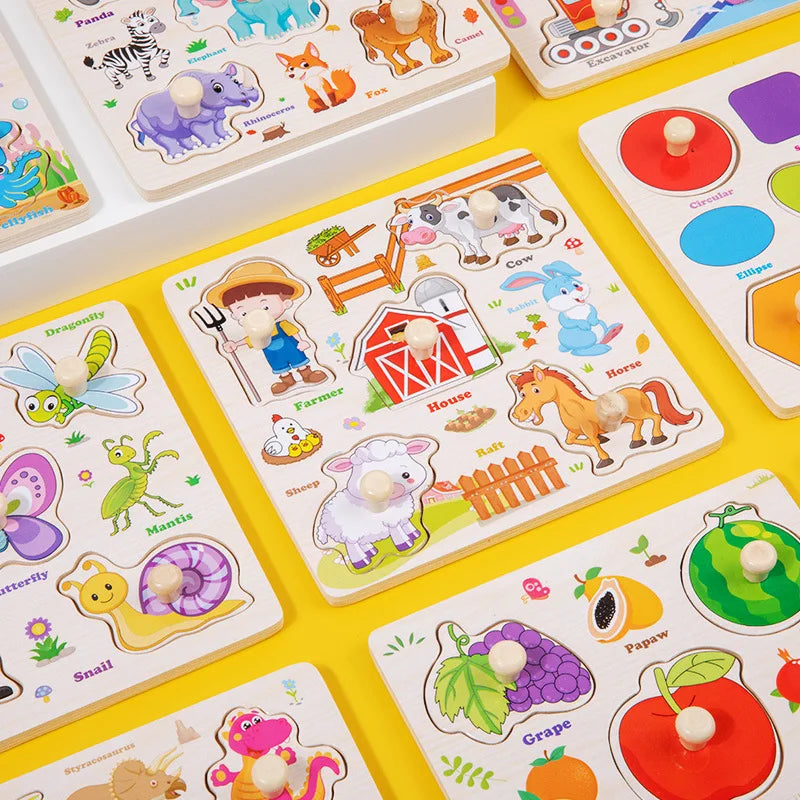 Collection of educational children's puzzles on a yellow surface