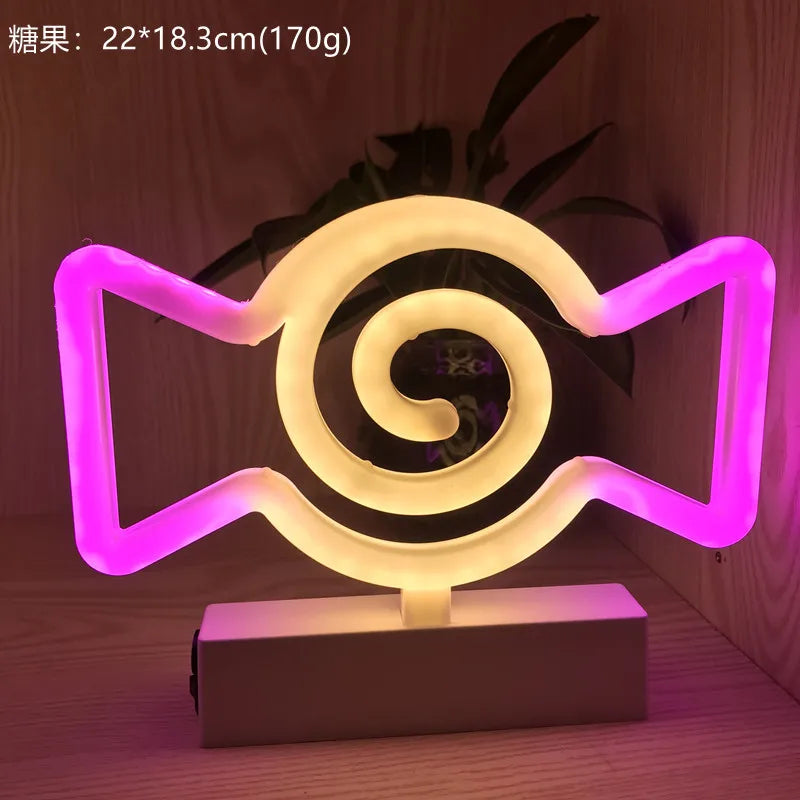 Neon light shaped like a candy with a spiral design on a wooden surface.