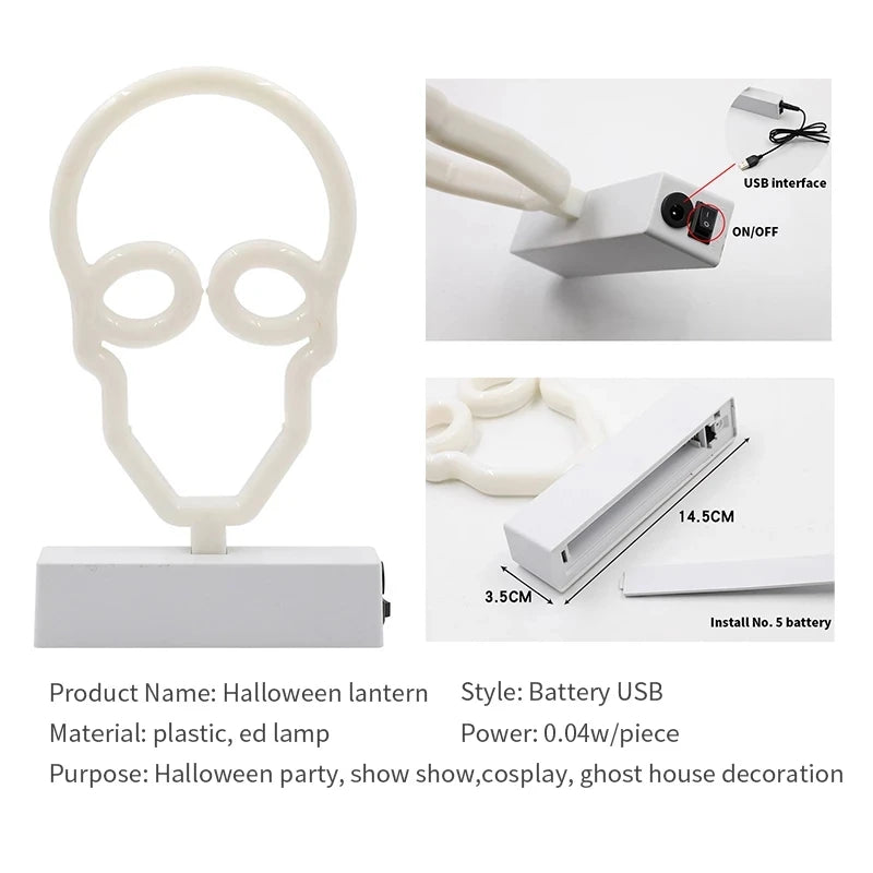 Halloween lantern with USB battery interface, material details, and usage information.