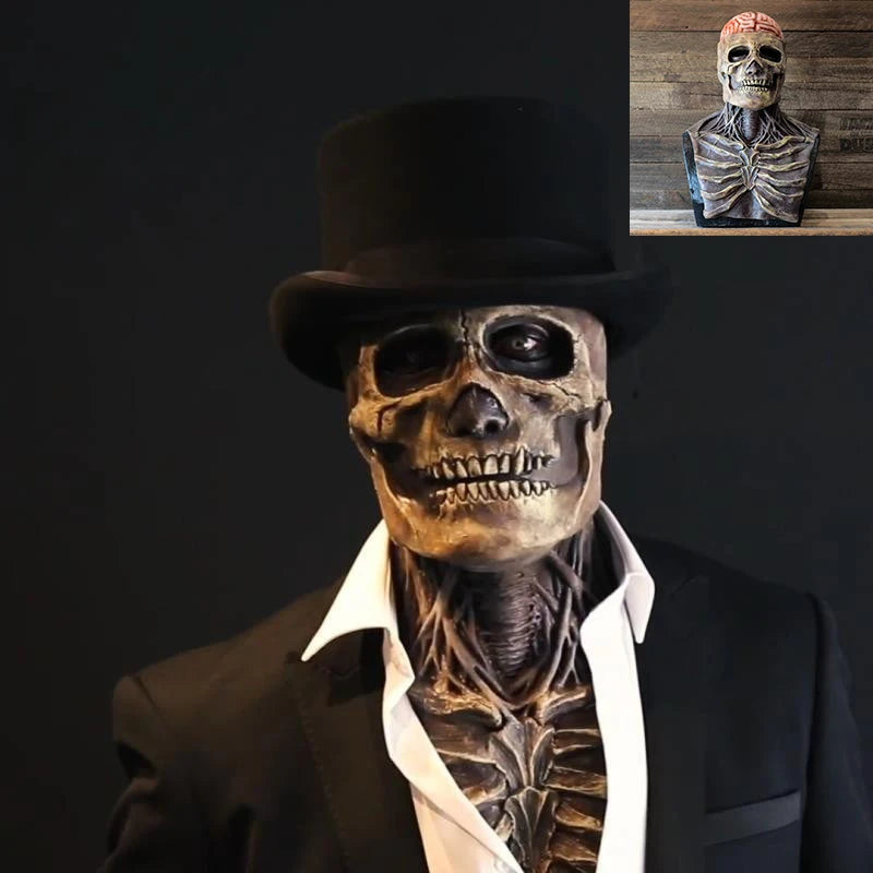 Skull mask with top hat and suit jacket on a dark background