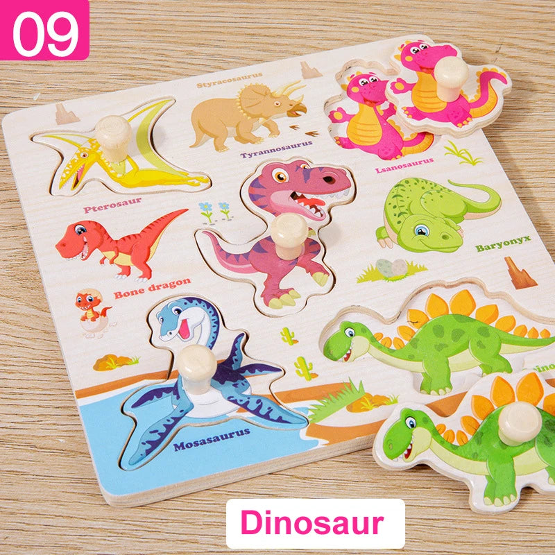 Children's dinosaur puzzle on a wooden surface