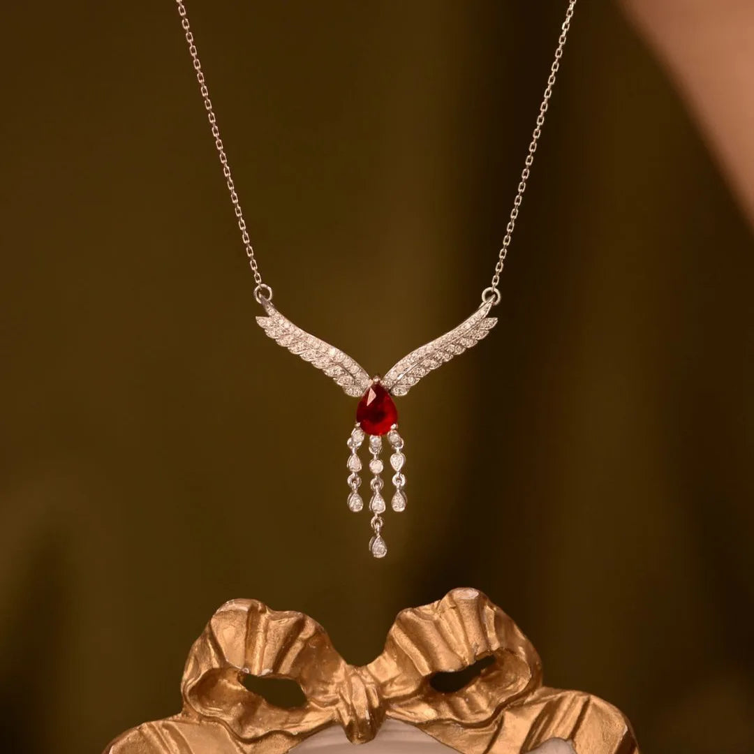Luxurious Red Gemstone Necklace | 925 Silver Diamond Inlaid Wings Chain