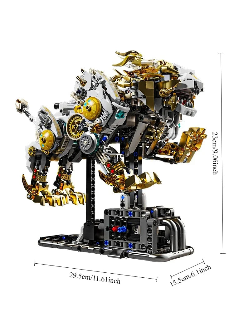 Detailed mechanical model with gold and silver elements on a white background