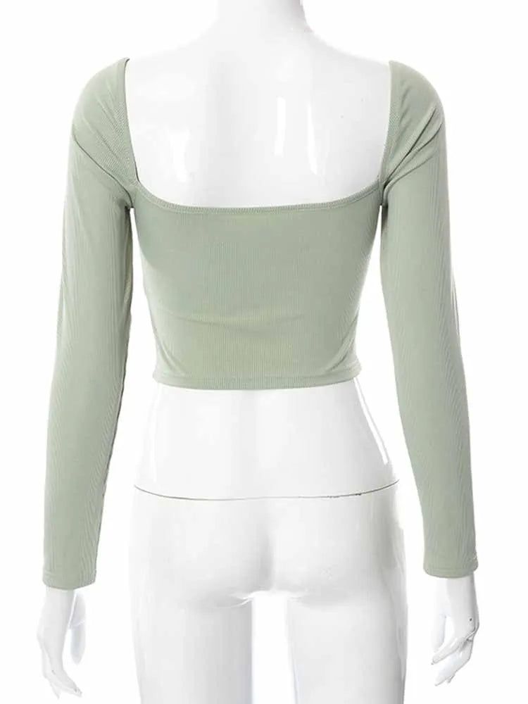 Women’s Hollow-Out V-Neck Long Sleeve Ribbed Crop Top