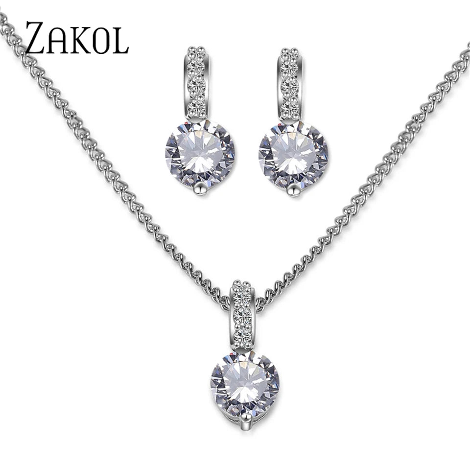 Elegant Bridal Jewelry Set | Clear Crystal Zirconia Necklace & Earrings