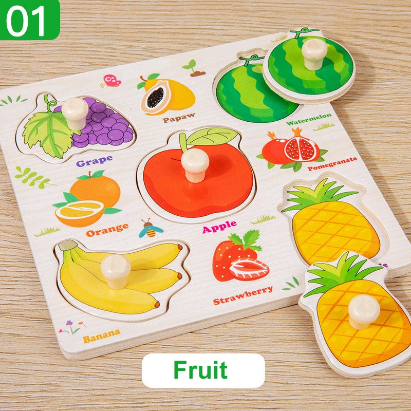 Wooden puzzle with fruit shapes and names on a wooden surface
