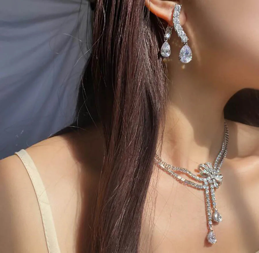 Luxury Geometric Jewelry Set | Bow Necklace & Earrings for Women