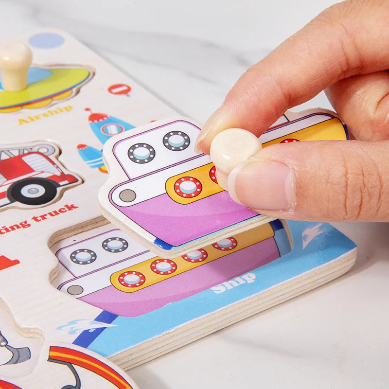 Colorful children's educational puzzle with a hand interacting with it