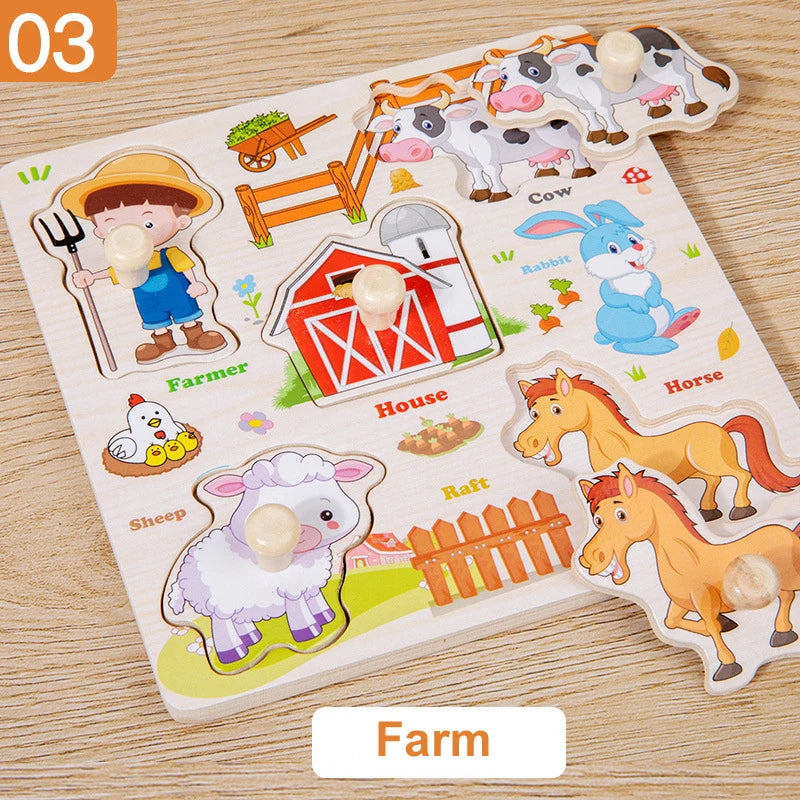 Wooden farm-themed puzzle with animals and a barn on a wooden surface