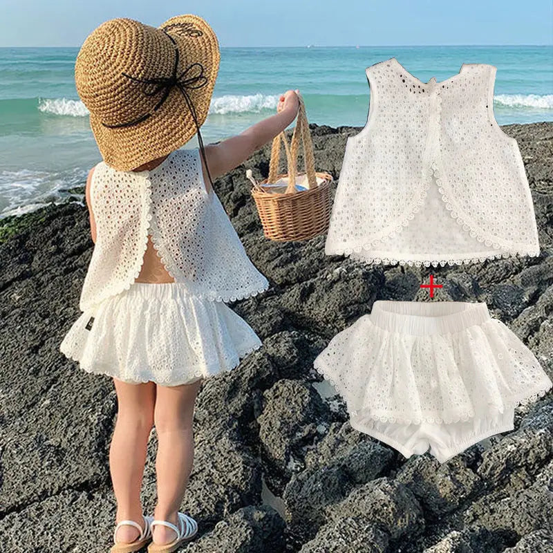 2025 Korean Kids Summer Set | Cotton Halter Vest & Denim Shorts