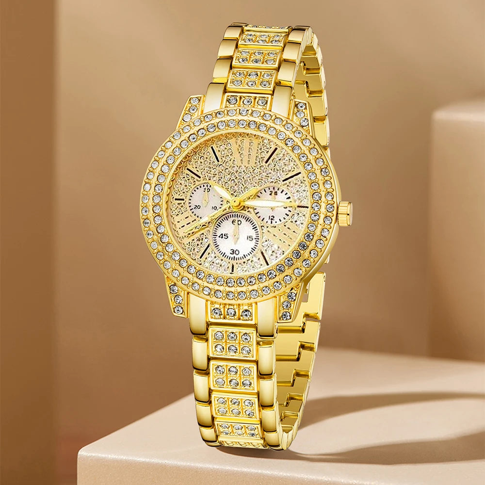 Women’s Gold Quartz Watch & Jewelry Set | Luxury Rhinestone