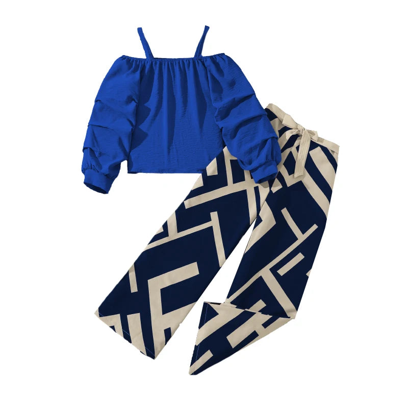 Girls’ Khaki Off-Shoulder Top & Stripe Pants Set | Summer Resort Style