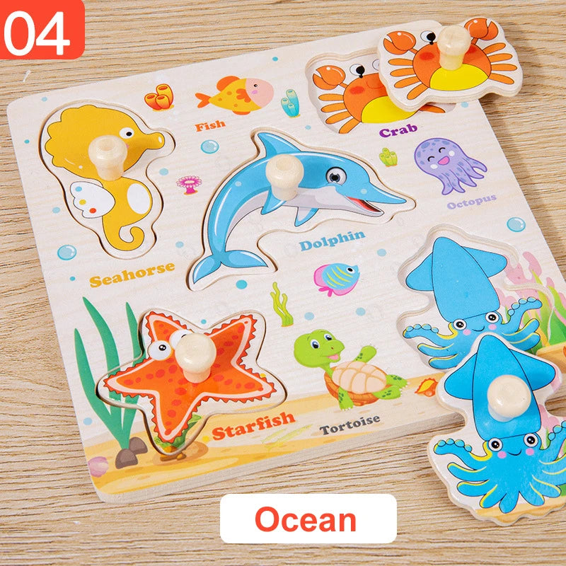 Wooden puzzle with ocean-themed animals on a wooden surface