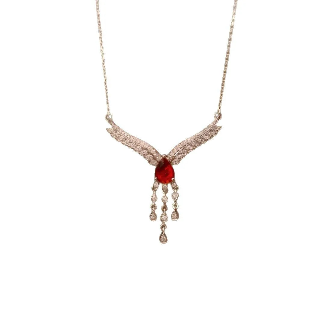 Luxurious Red Gemstone Necklace | 925 Silver Diamond Inlaid Wings Chain