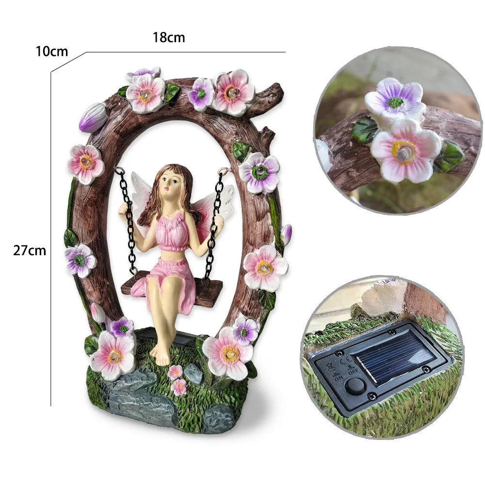 Solar Powered Garden Flower Fairy Waterproof Outdoor Statue Patio Lawn Yard Porch Decor Funny Swing Ornaments Gardening Gifts