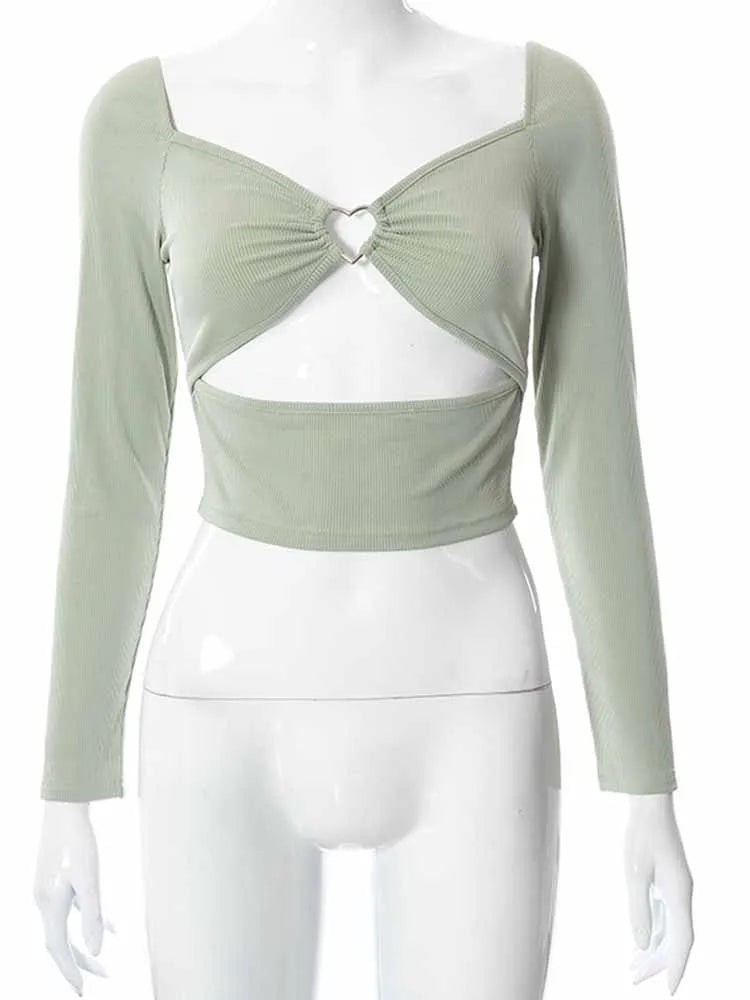 Women’s Hollow-Out V-Neck Long Sleeve Ribbed Crop Top