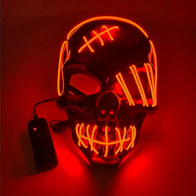 LED mask with glowing orange accents on a red background