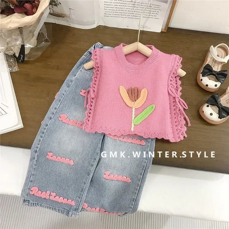 Children’s Pink Knitted Waistcoat & Jeans Set | Summer Outfit 2-7 Years