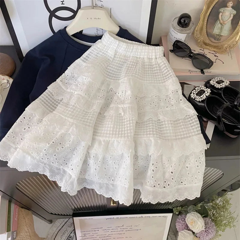 Girls’ Lace Layered Skirt Dress | Spring Toddler White Long Dress 2-8Y