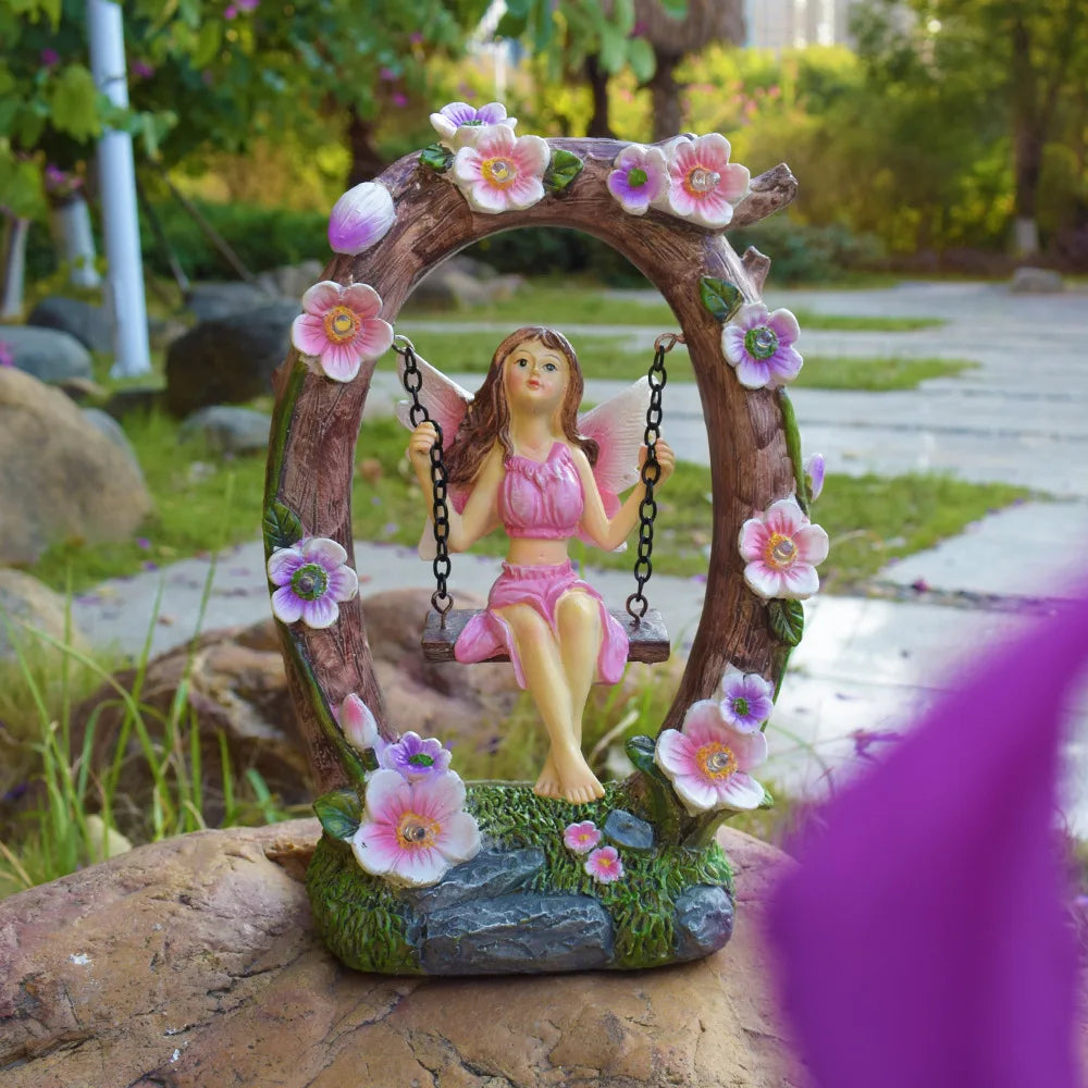 Solar Powered Garden Flower Fairy Waterproof Outdoor Statue Patio Lawn Yard Porch Decor Funny Swing Ornaments Gardening Gifts