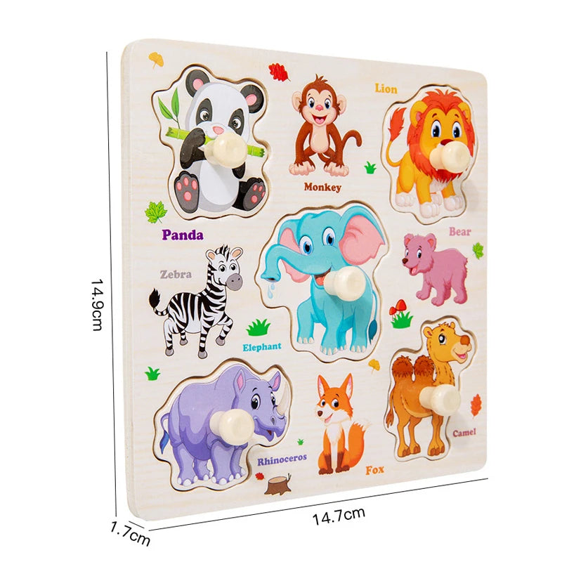 Children's puzzle with animal illustrations and labels on a white background