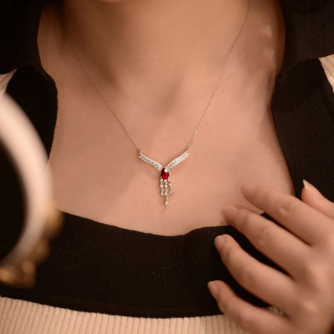 Luxurious Red Gemstone Necklace | 925 Silver Diamond Inlaid Wings Chain