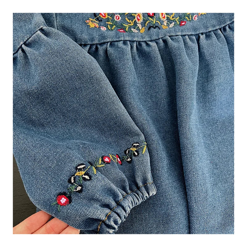 Girls’ Spring & Autumn Denim Dress | Floral Embroidered Long Sleeve
