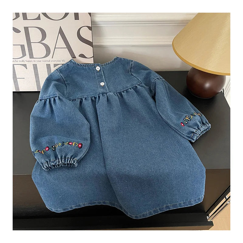 Girls’ Spring & Autumn Denim Dress | Floral Embroidered Long Sleeve