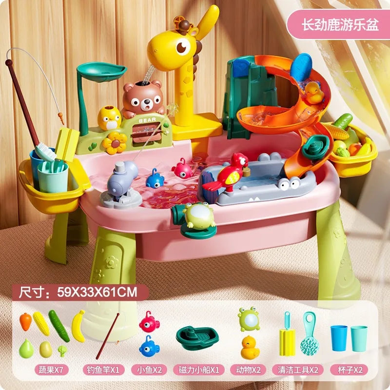 Colorful children's play table with various toys and accessories on a wooden floor.