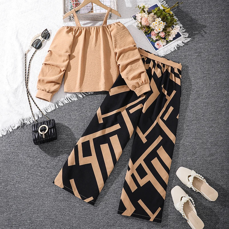 Girls’ Khaki Off-Shoulder Top & Stripe Pants Set | Summer Resort Style