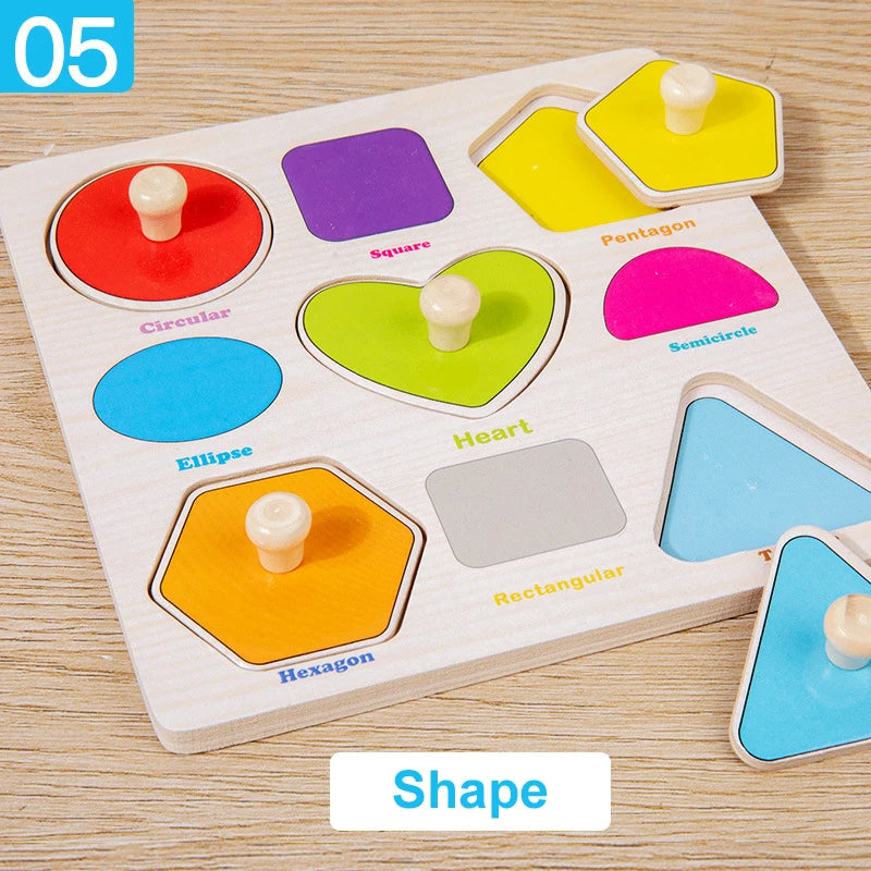 Wooden shape sorting puzzle with colorful shapes on a wooden surface