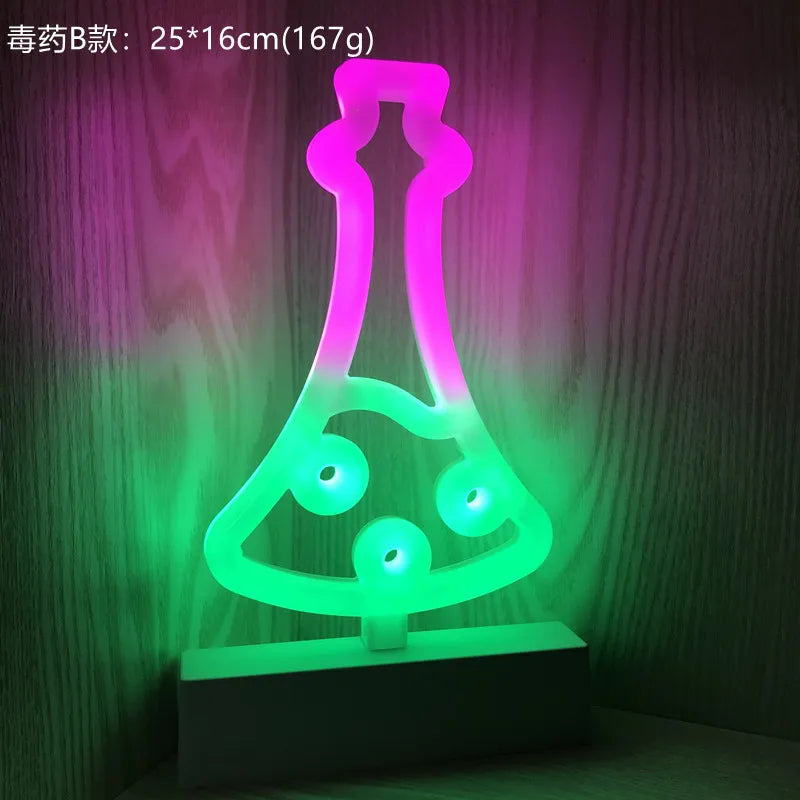 Neon light shaped like a beaker with pink and green colors on a wooden surface.