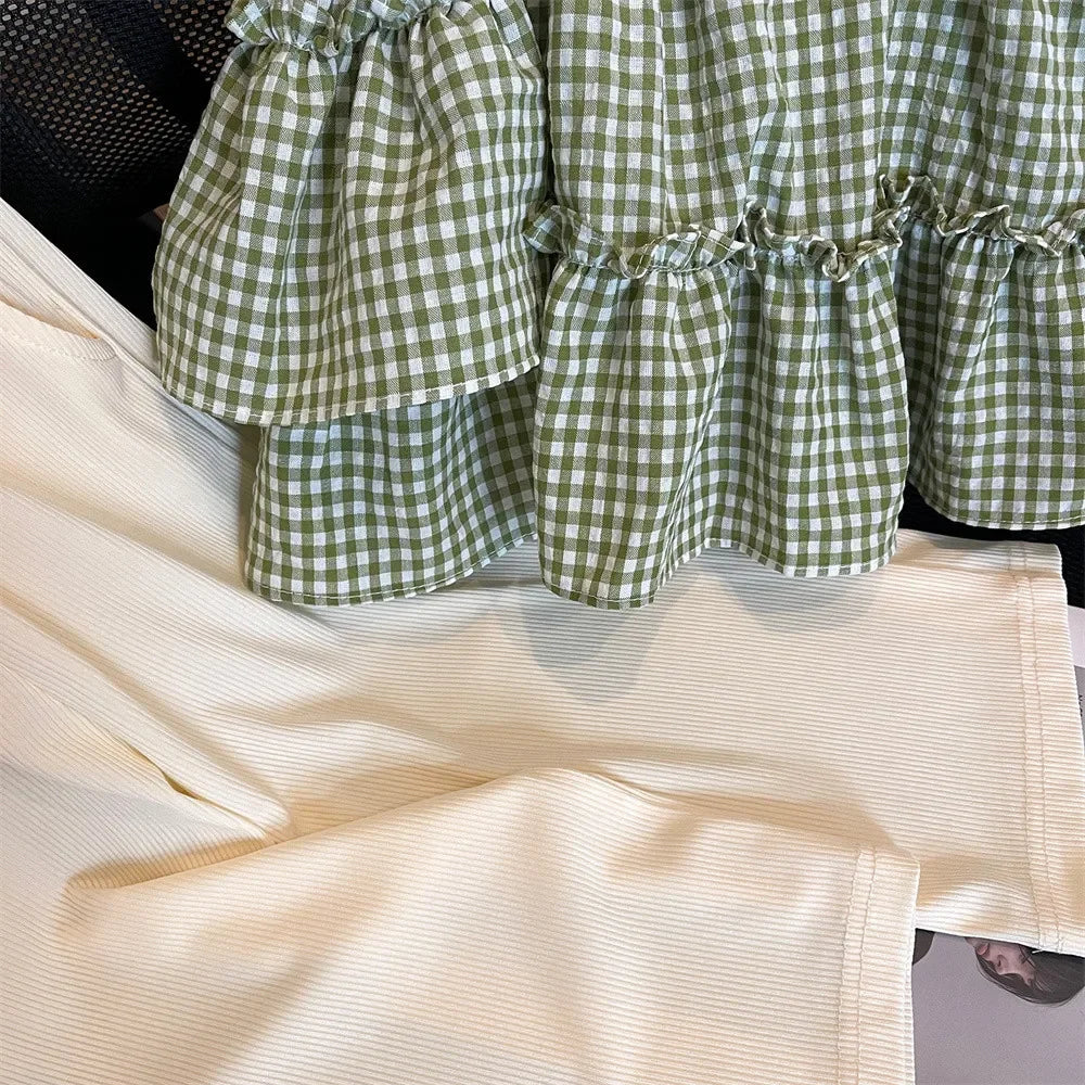 Girls’ Summer Two-Piece Set | Plaid Camisole & Wide Leg Trousers