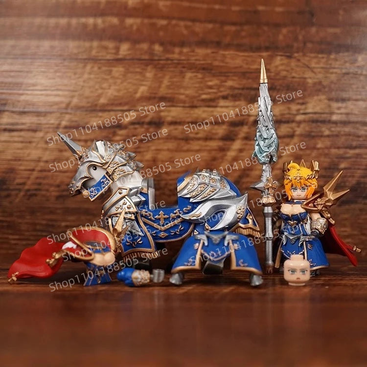 Two figurines, one resembling a horse and the other a warrior, on a wooden surface.