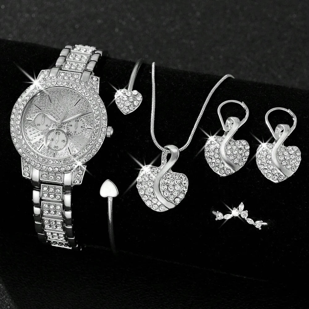Women’s Gold Quartz Watch & Jewelry Set | Luxury Rhinestone