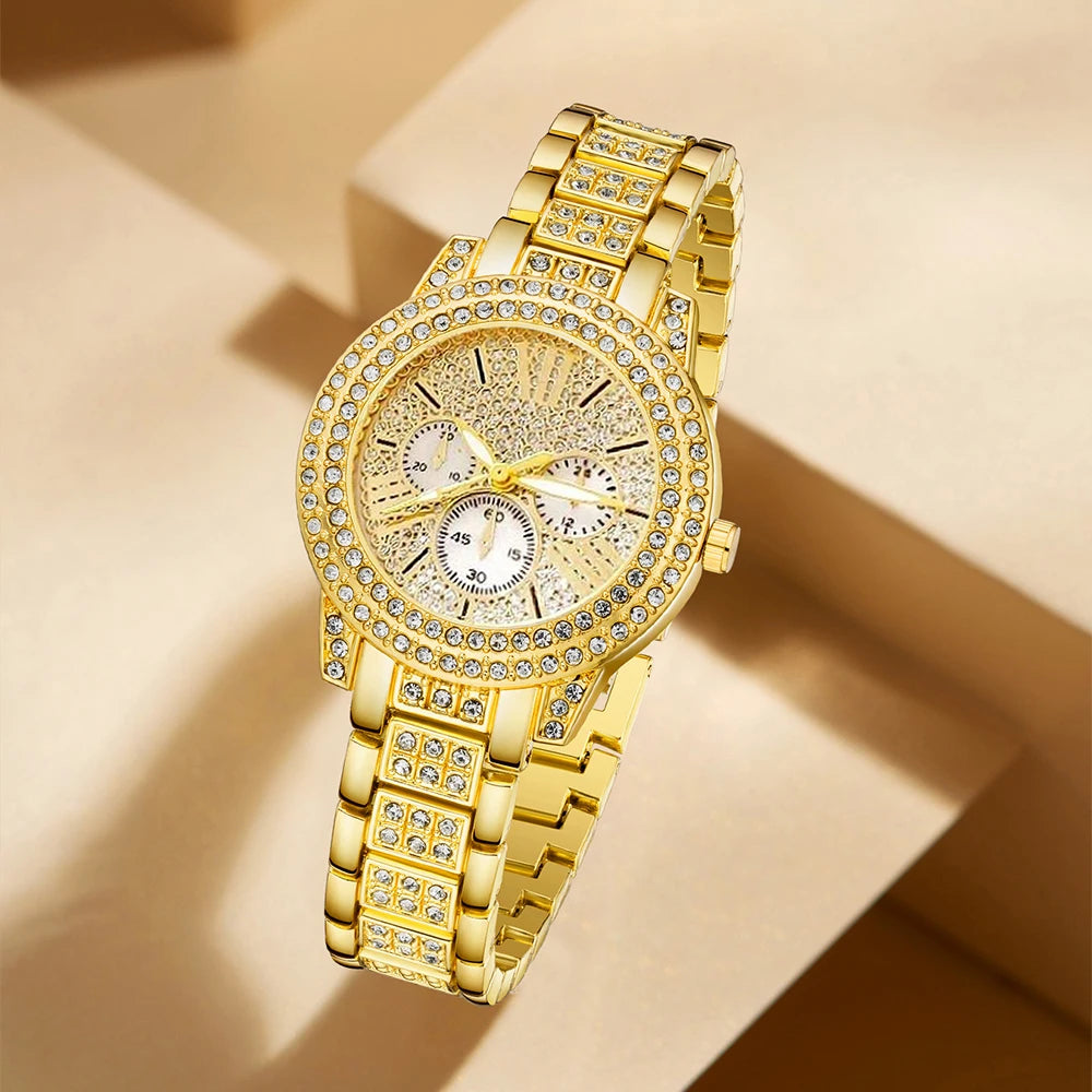 Women’s Gold Quartz Watch & Jewelry Set | Luxury Rhinestone
