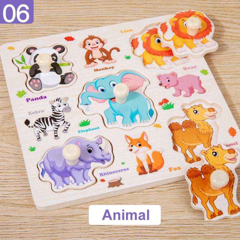 Children's animal puzzle with wooden pieces on a wooden surface