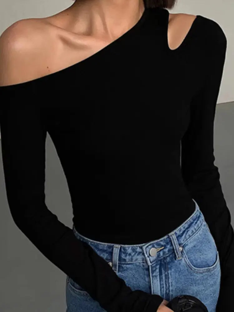 Women’s Skew Collar Off-Shoulder Long Sleeve Crop Top