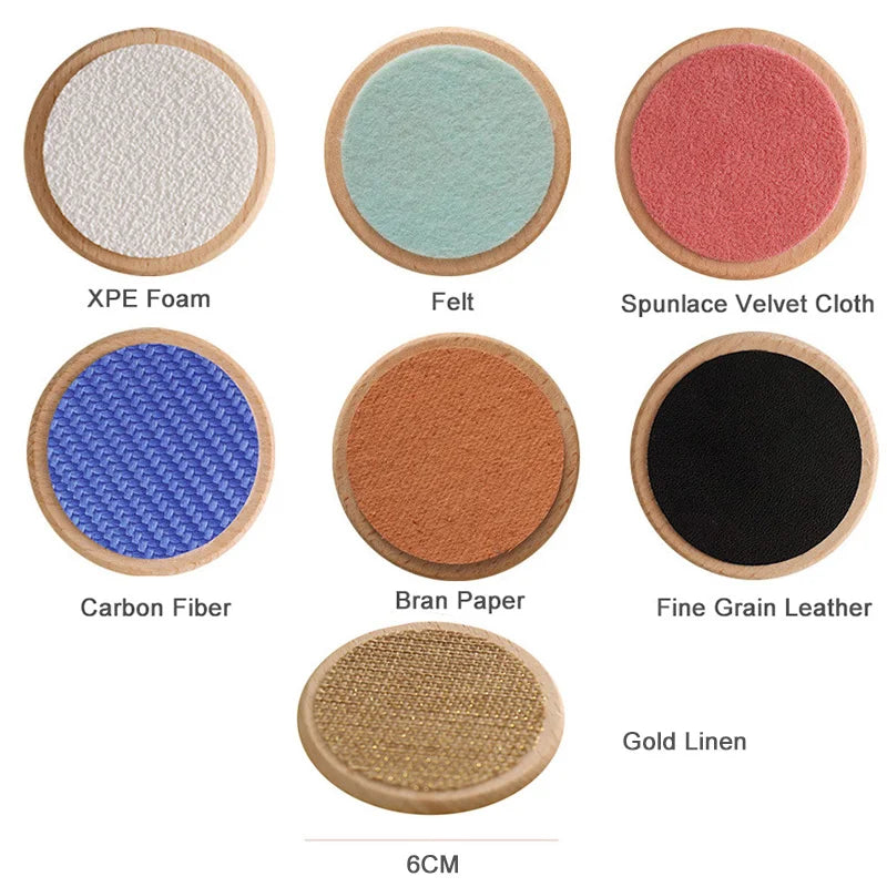 Collection of different textured materials on circular samples with labels.