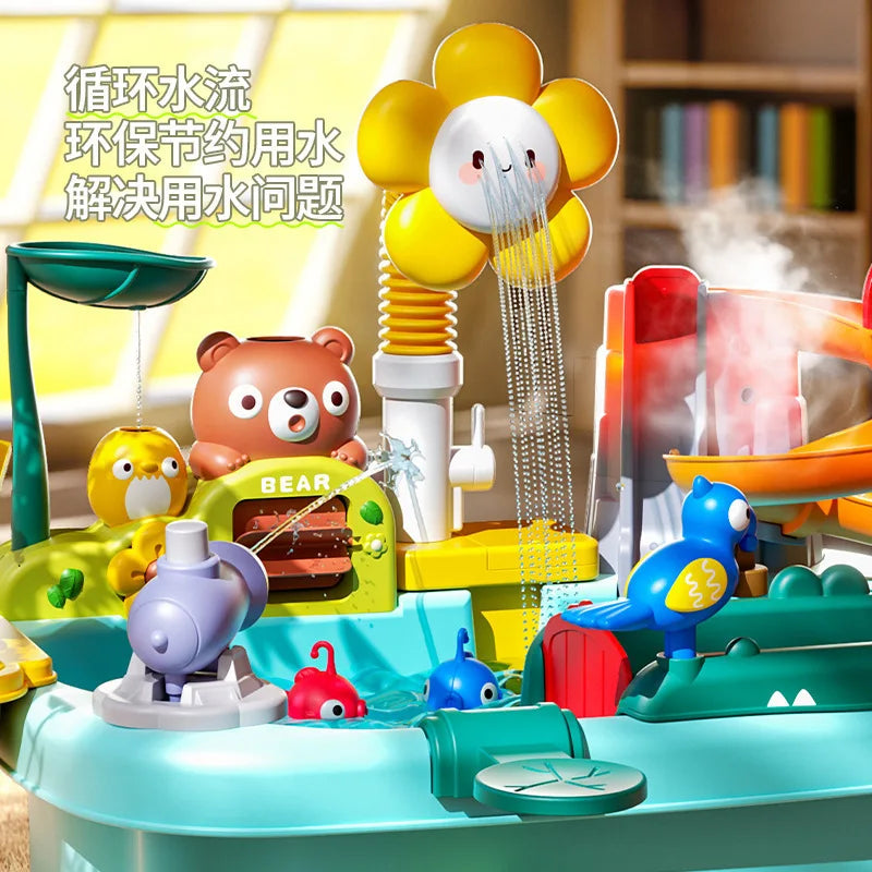 Colorful toy water park set with various animal figures and water features.