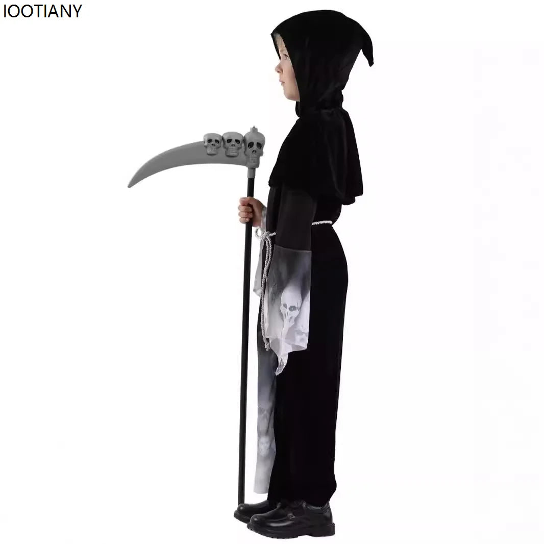 Child wearing a black Grim Reaper costume holding a scythe on a white background